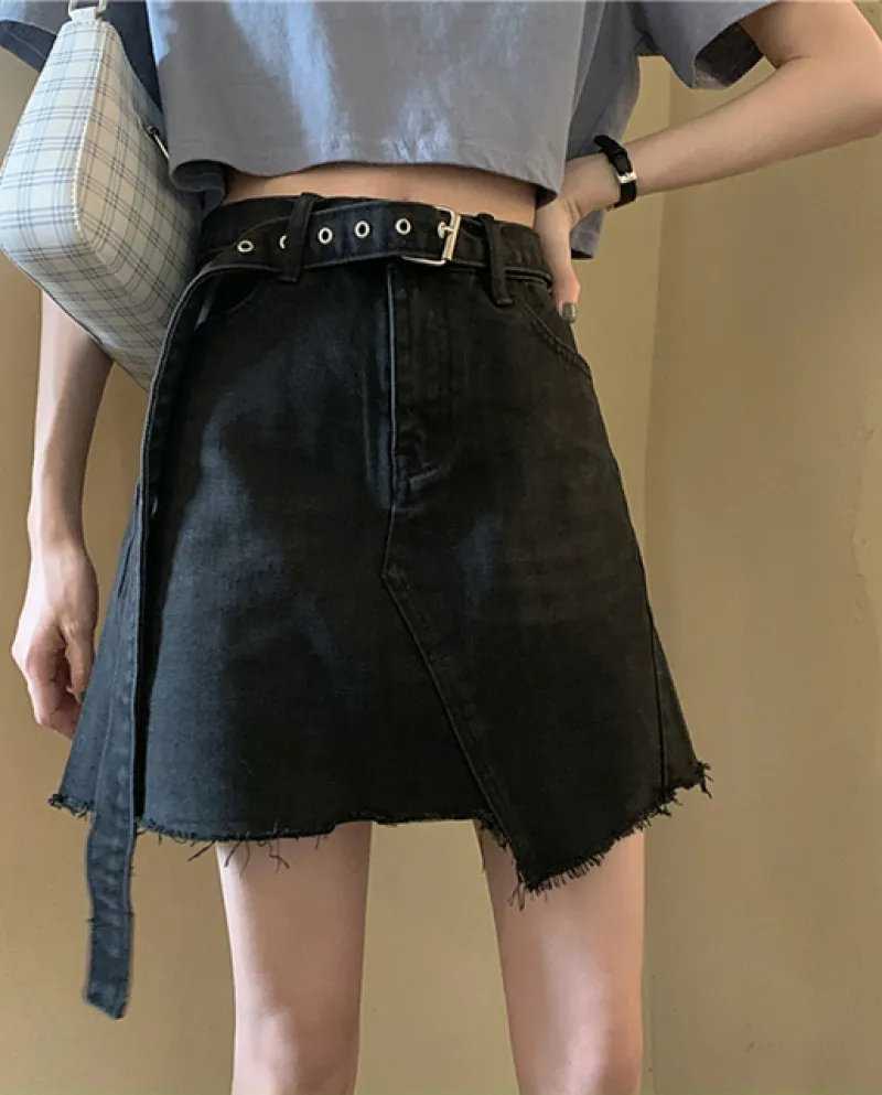 Jmprs Gonna di Jeans da Donna Nera Cintura Moda Jeans Estivi Irregolari Mini