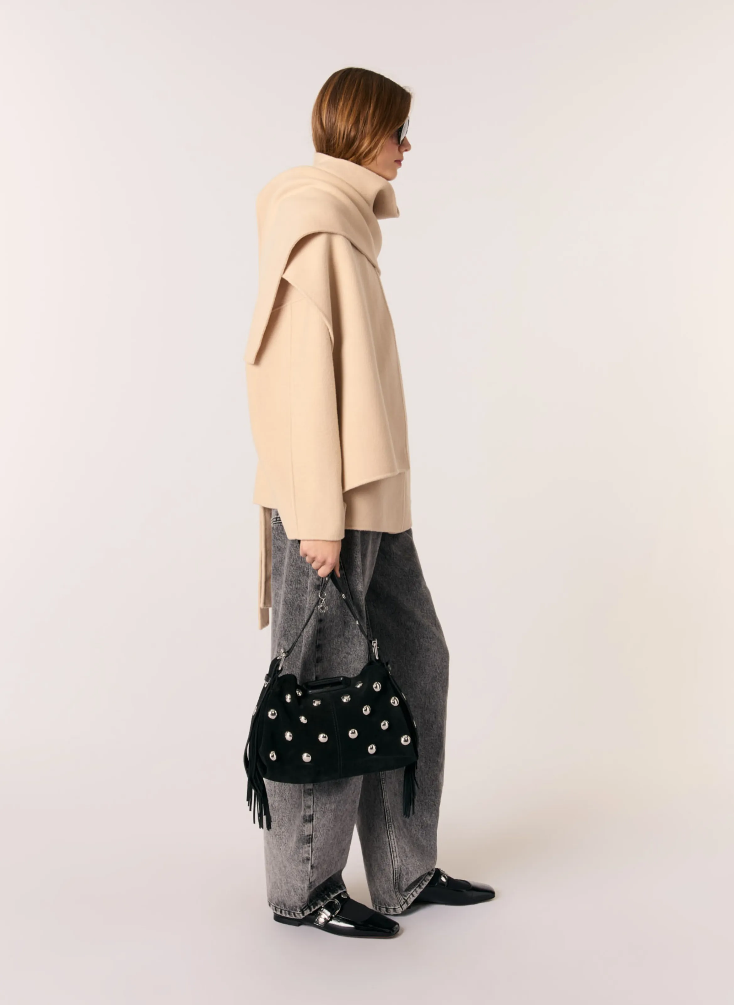  MAJE   Cappotto con sciarpa integrata in misto lana | Beige