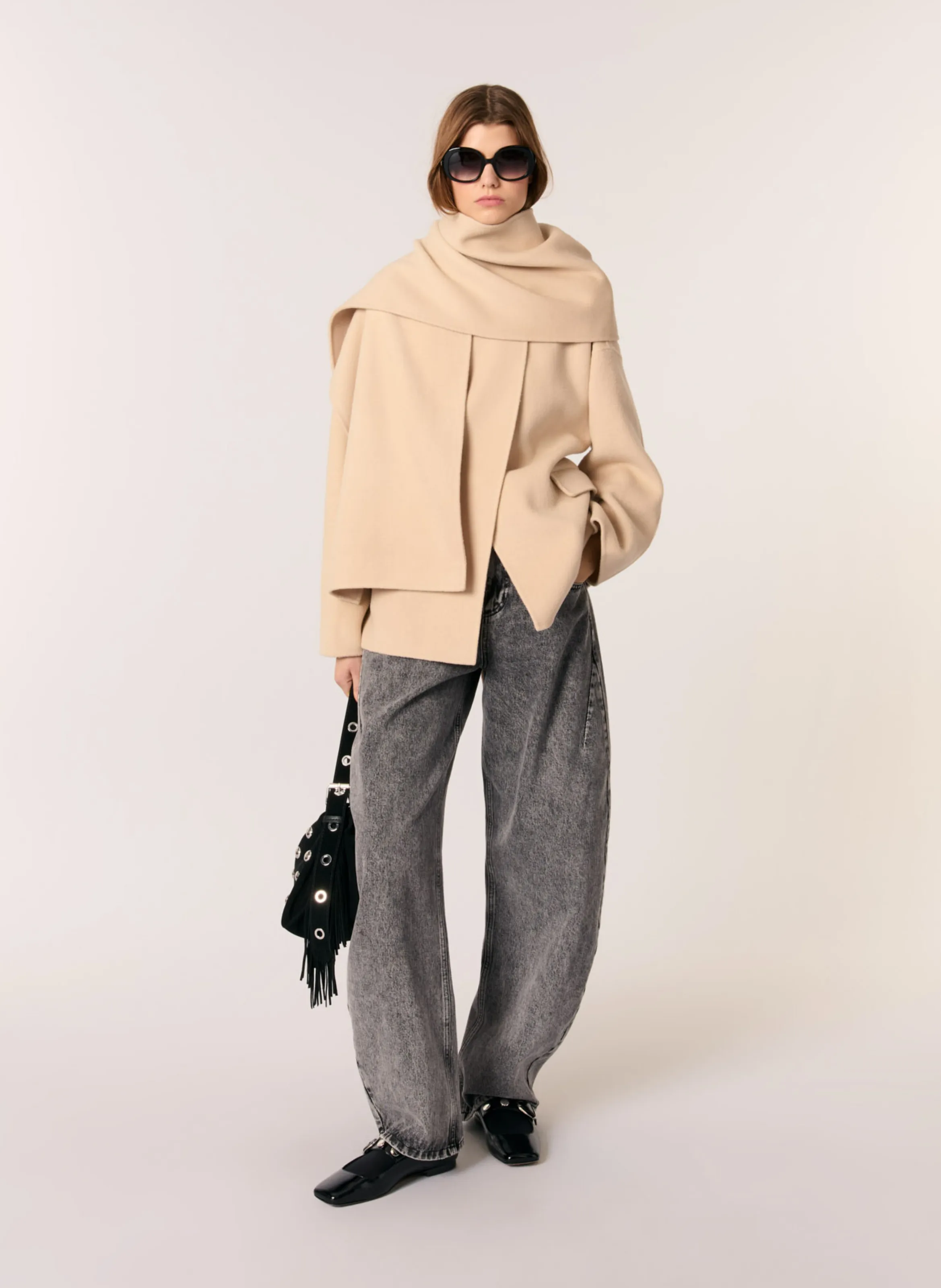  MAJE   Cappotto con sciarpa integrata in misto lana | Beige