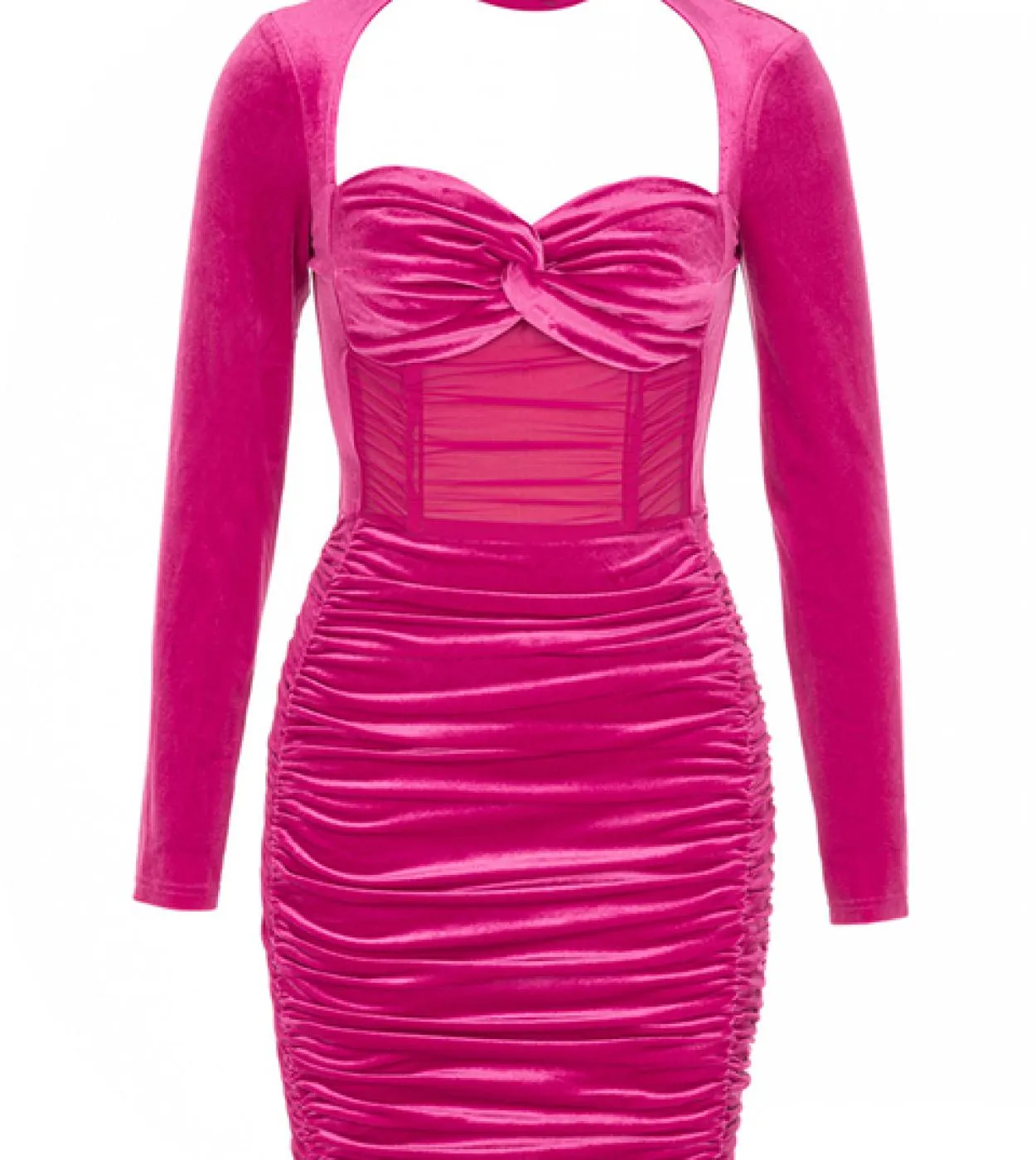 Mini abito con pieghe a maniche lunghe scava fuori collo alto Elegante abito aderente in velluto pieghettato rosso rosa Vestito
