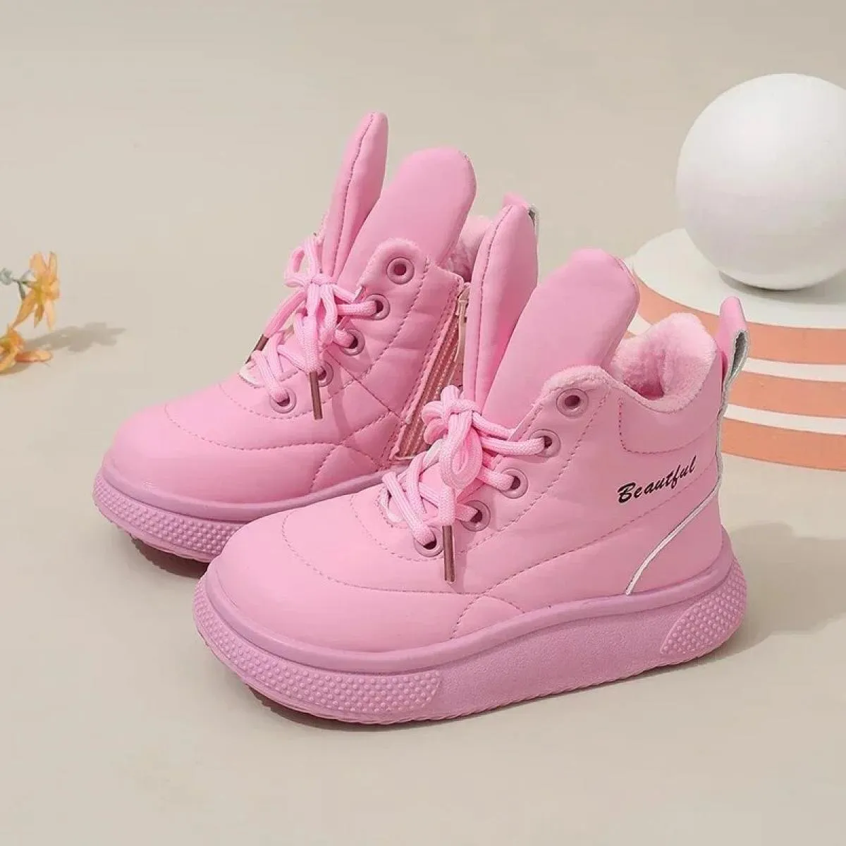 Nuovi stivaletti in pelle moda per bambini Stivaletti stringati con orecchie da coniglio per bambini Ragazzi ragazze antiscivolo