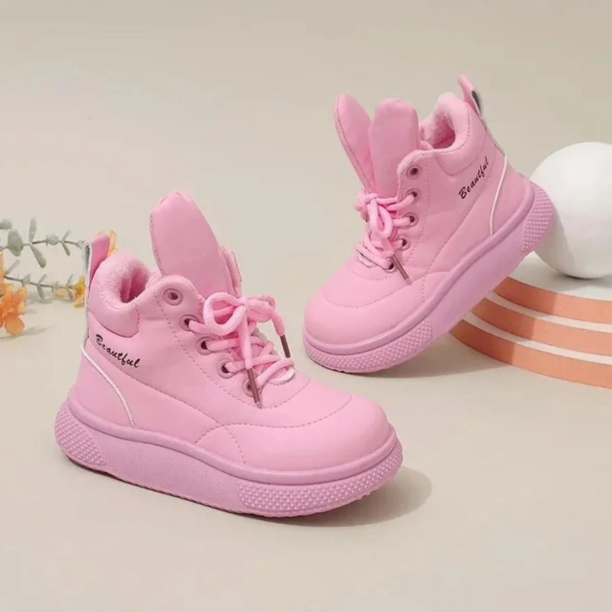 Nuovi stivaletti in pelle moda per bambini Stivaletti stringati con orecchie da coniglio per bambini Ragazzi ragazze antiscivolo