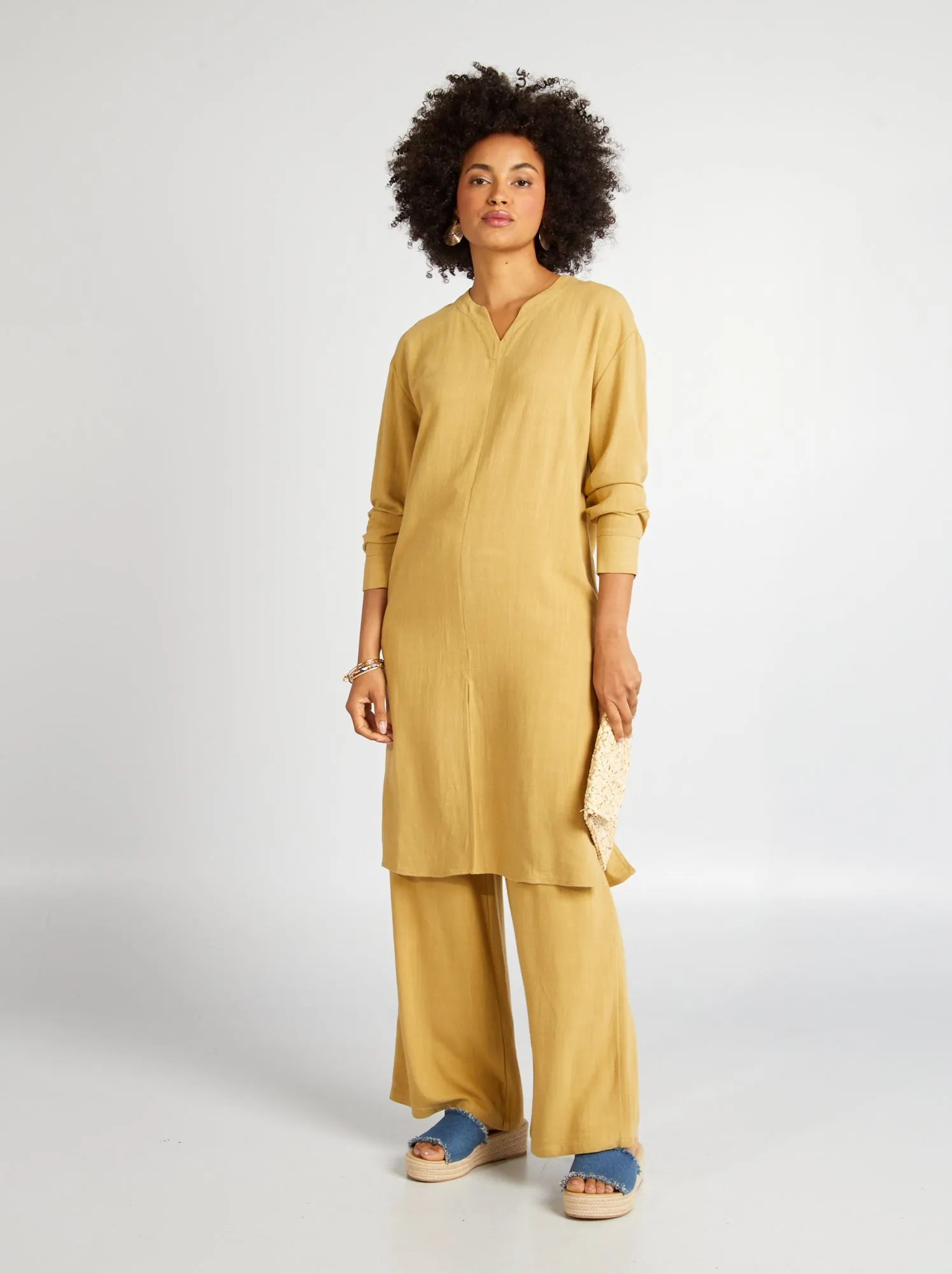 Pantaloni larghi in misto lino - ARANCIONE