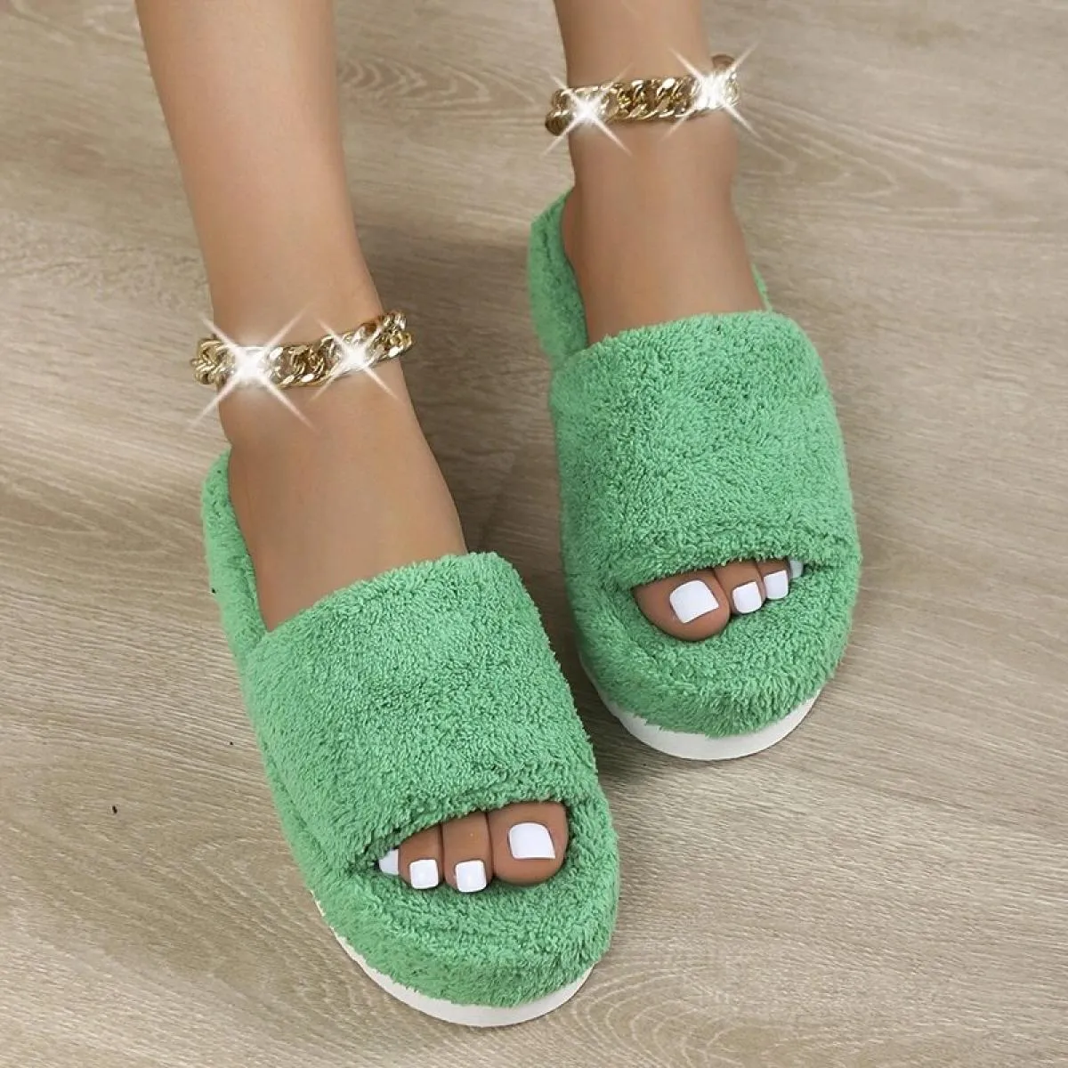 Pantofole da donna con suola spessa di marca di lusso Pantofole da donna in velluto a coste verde Capispalla piatti da donna Inf