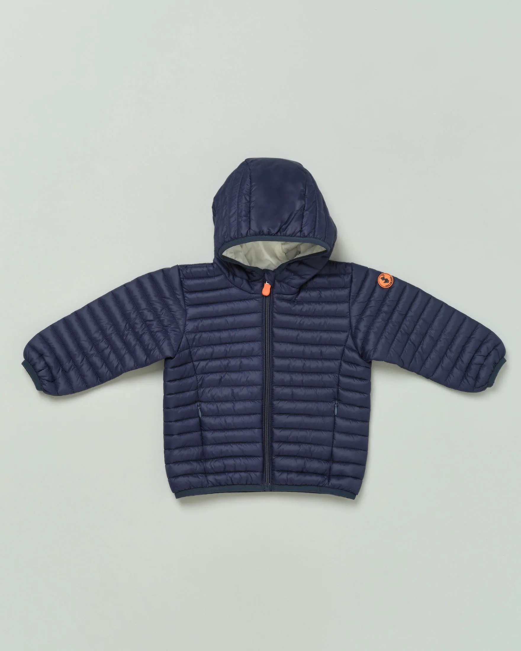Piumino blu in nylon opaco imbottito in Plumtech® con cappuccio 6-18 mesi