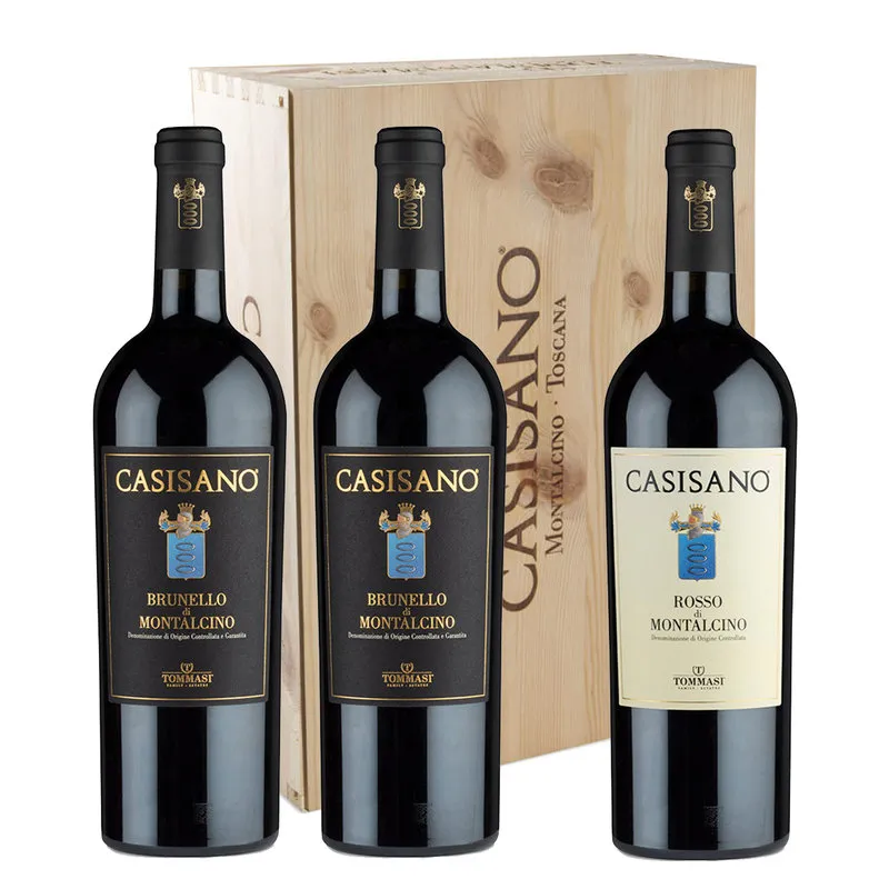 Podere Casisano 3 bottiglie miste con cassa in legno: 2 Brunello di Montalcino DOCG 2017 - 1 Rosso di Montalcino DOCG 2020