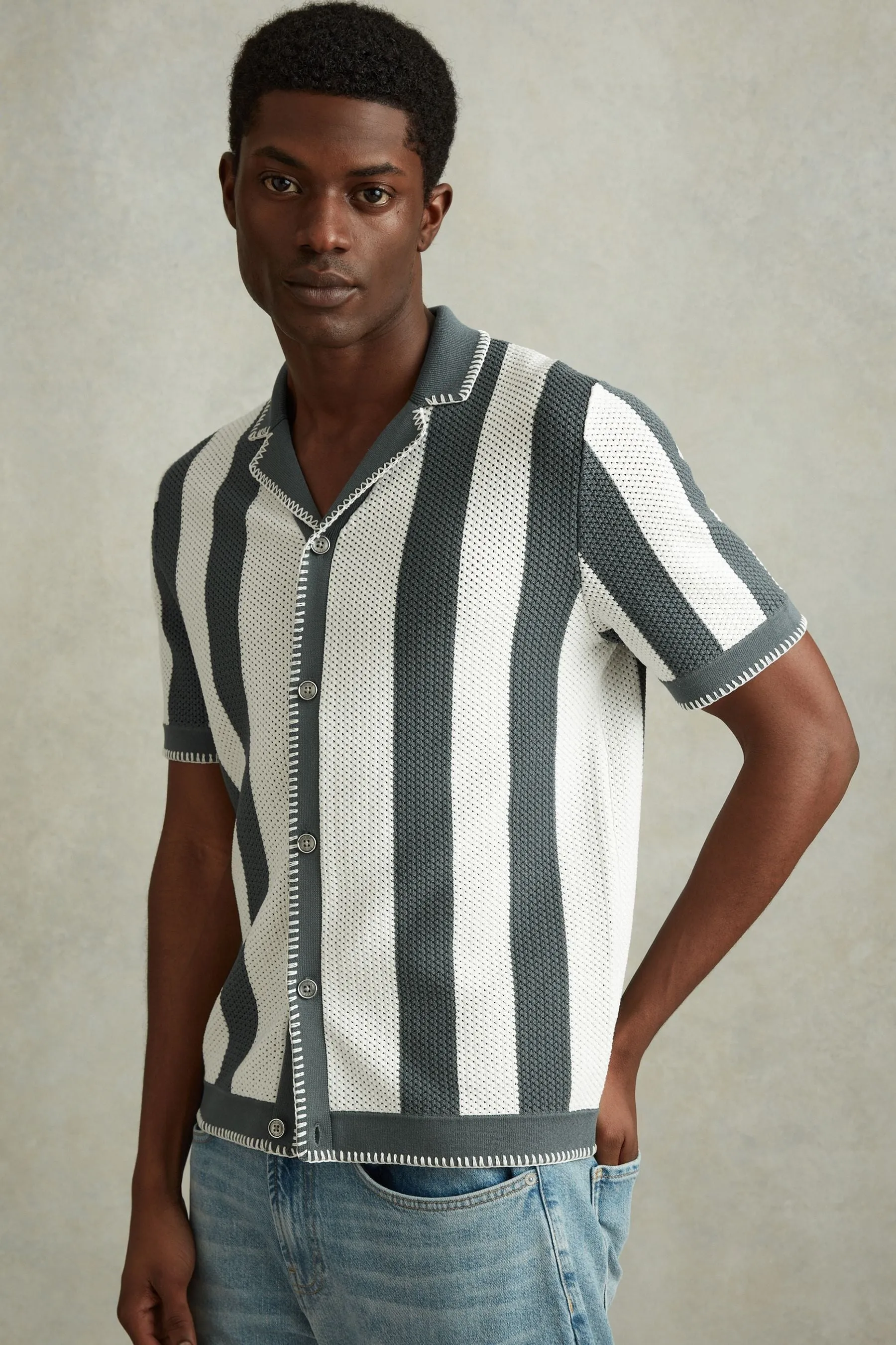 Reiss - Avorio - Camicia in maglia con colletto cubano    