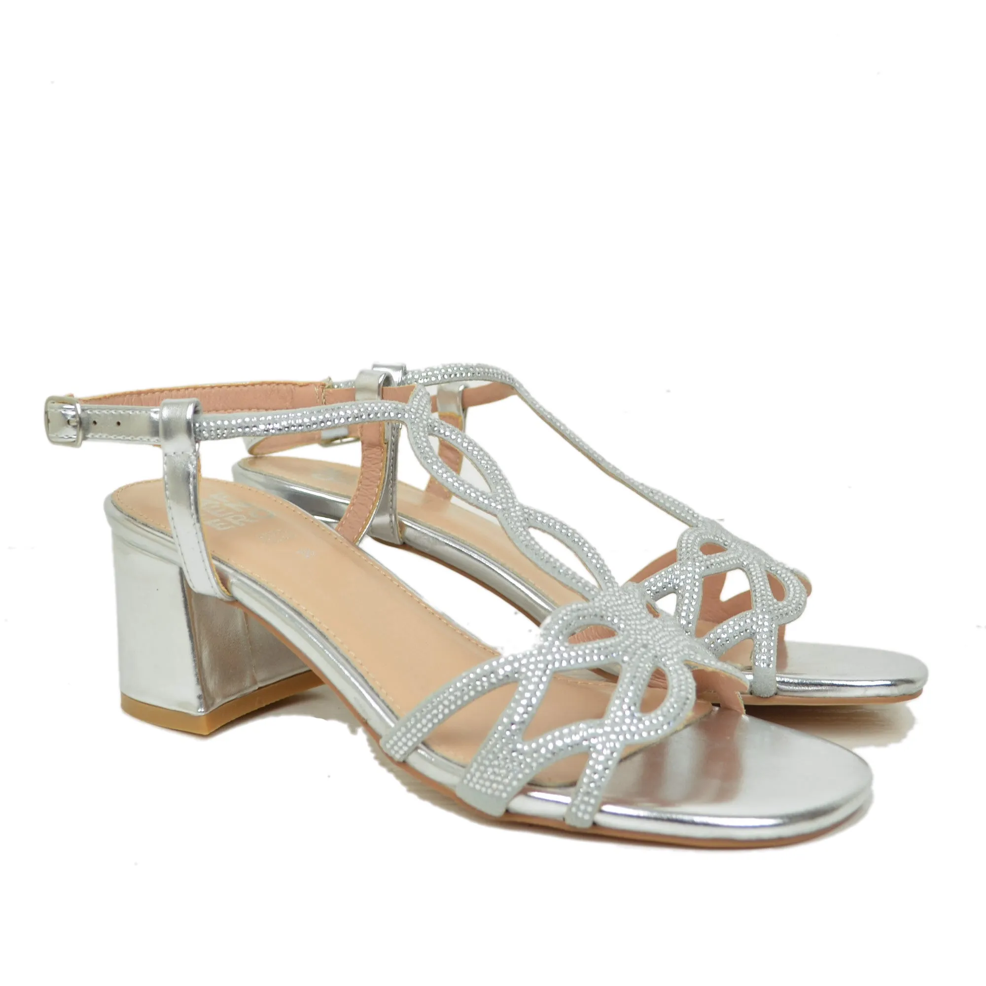 Sandali Donna Cerimonia Argento con Tacco Medio e Strass Eleganti Similpelle