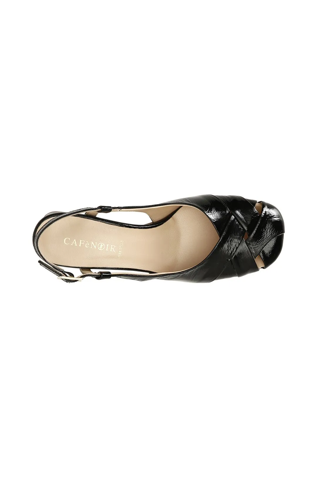 scarpe aperte dietro in pelle di vernice con tomaia intrecciata nero