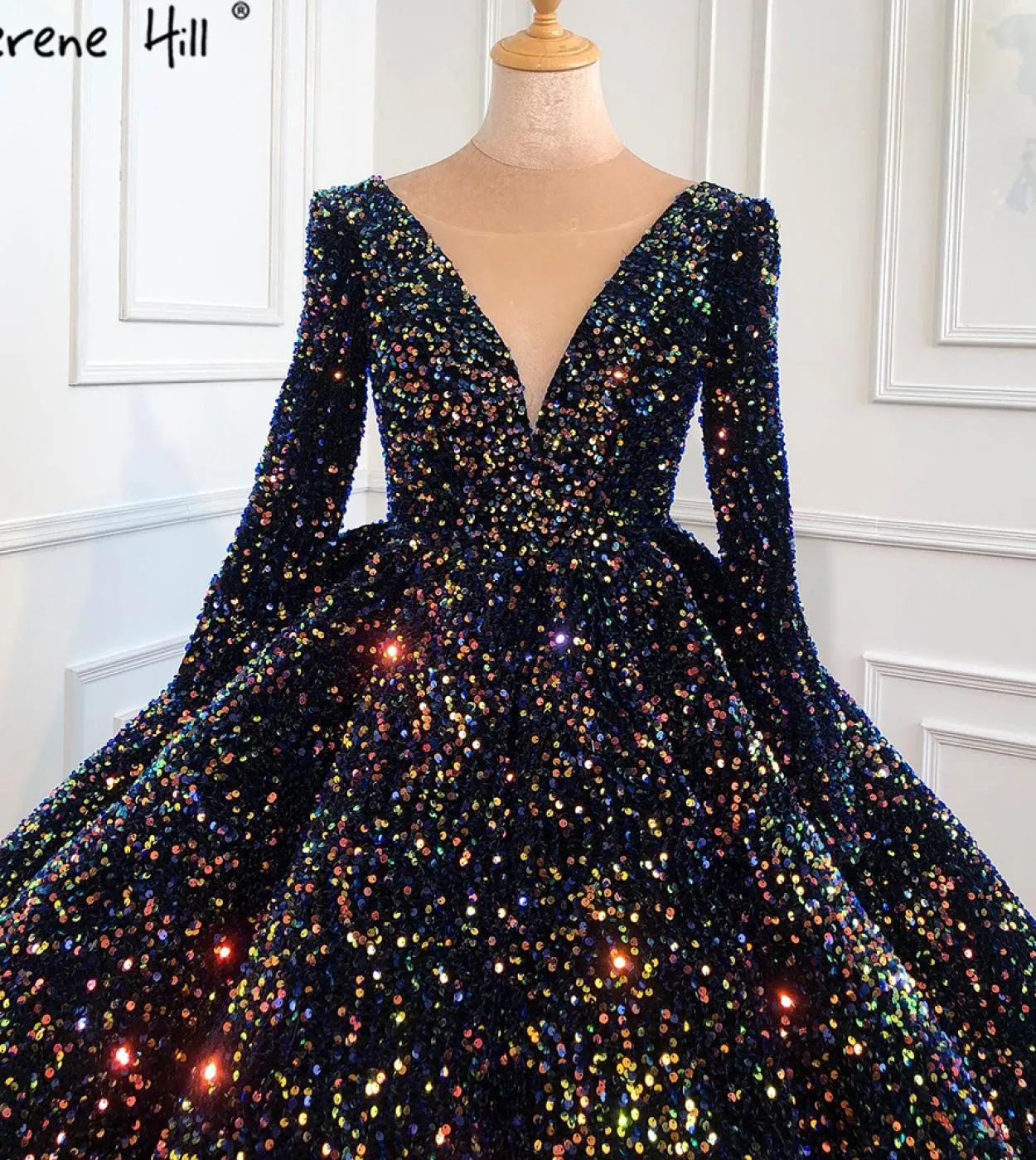 Serene Hill Indigo Blue Gold Abiti da sposa di lusso con paillettes maniche lunghe Abito da sposa Plus Size Donna Ha2466 Custom