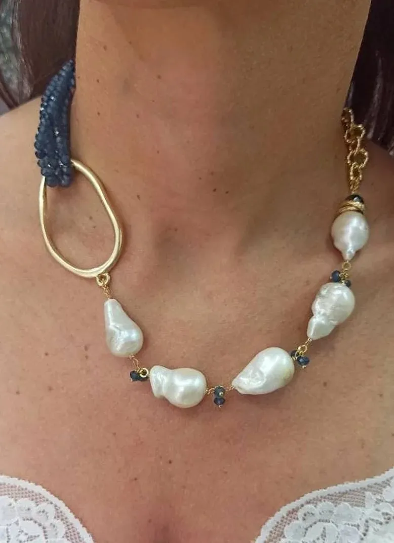 Statement Necklace with Multi Strands of Blue Stones and Baroque Pearls