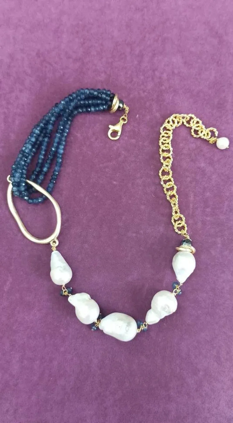 Statement Necklace with Multi Strands of Blue Stones and Baroque Pearls