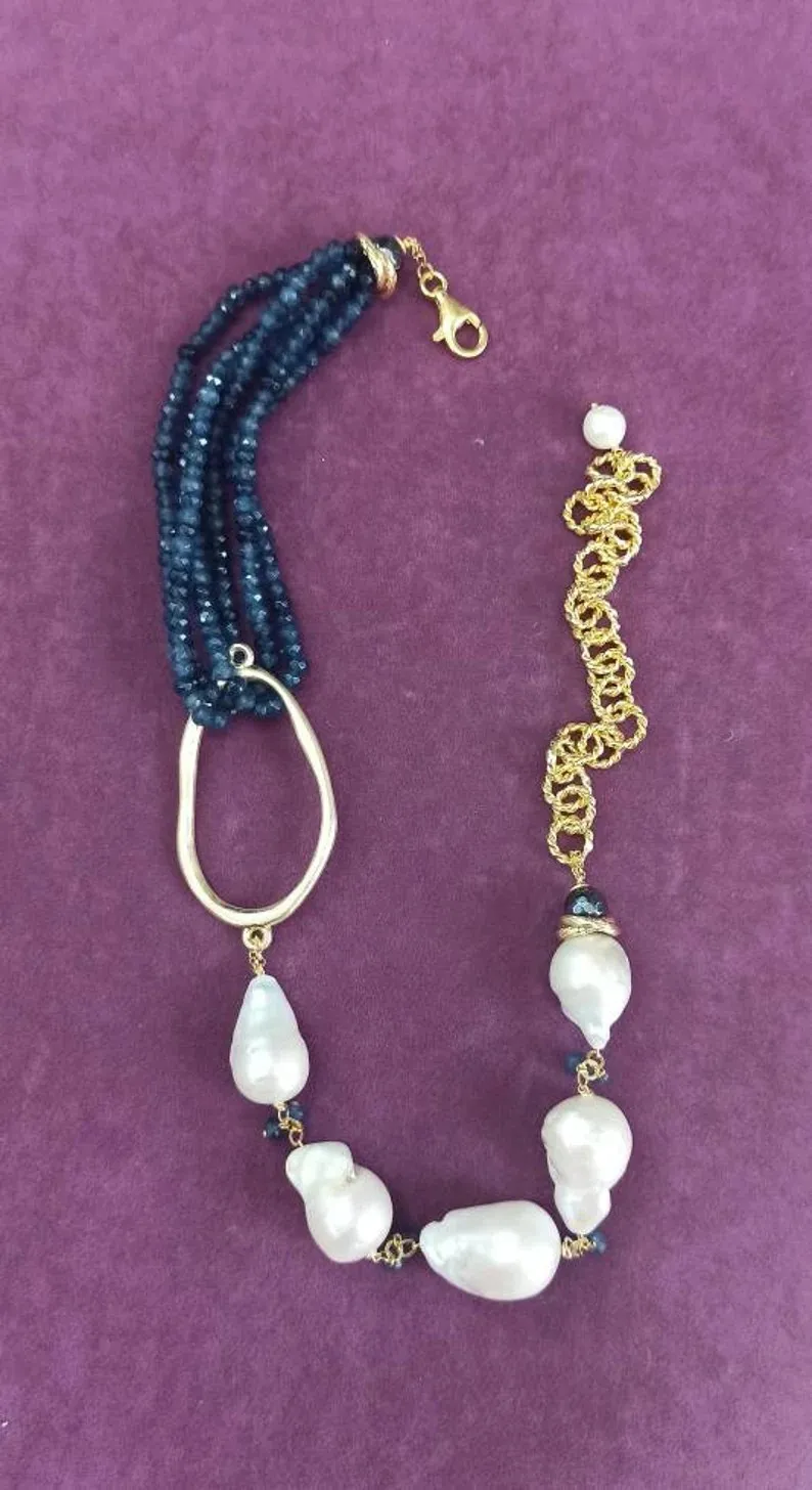 Statement Necklace with Multi Strands of Blue Stones and Baroque Pearls