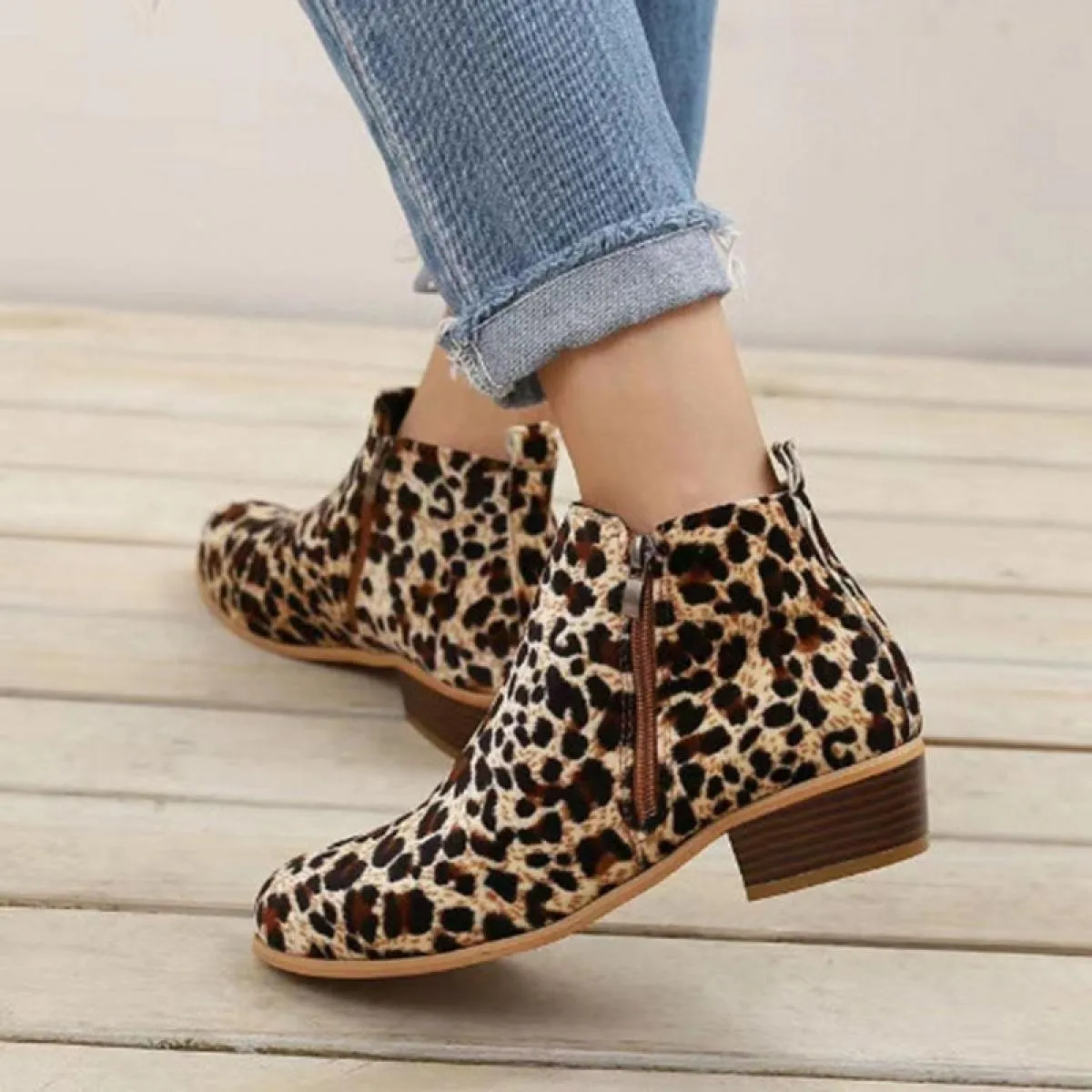 Stivaletti con cerniera laterale leopardata retrò autunno Donna Punta tonda Plus Size Tacco grosso quadrato Stivaletti da donna