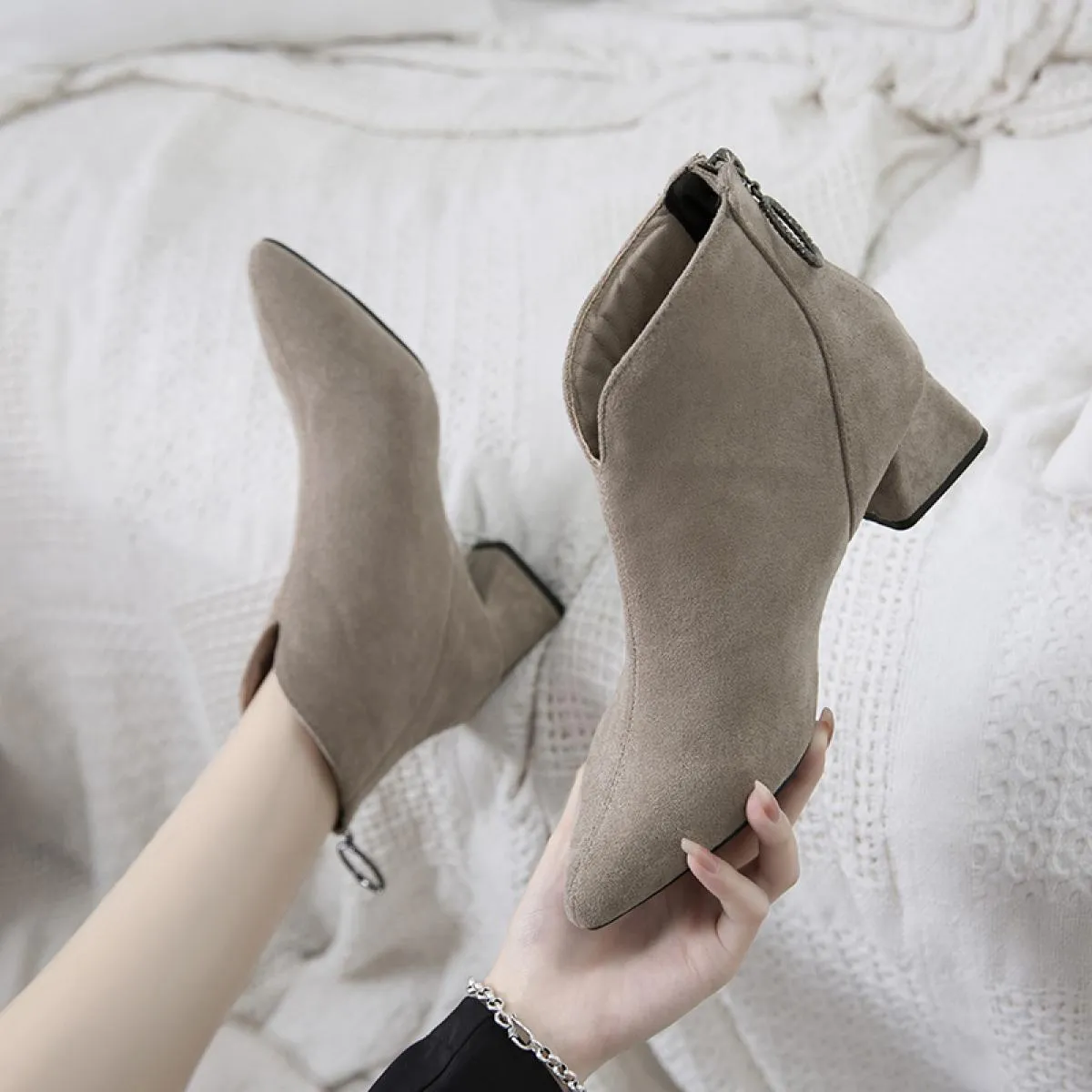Stivaletti per donna Punta quadrata Scarpe moda Peluche Stivaletti invernali caldi Cerniera Tacco quadrato Scarpe comode da donn