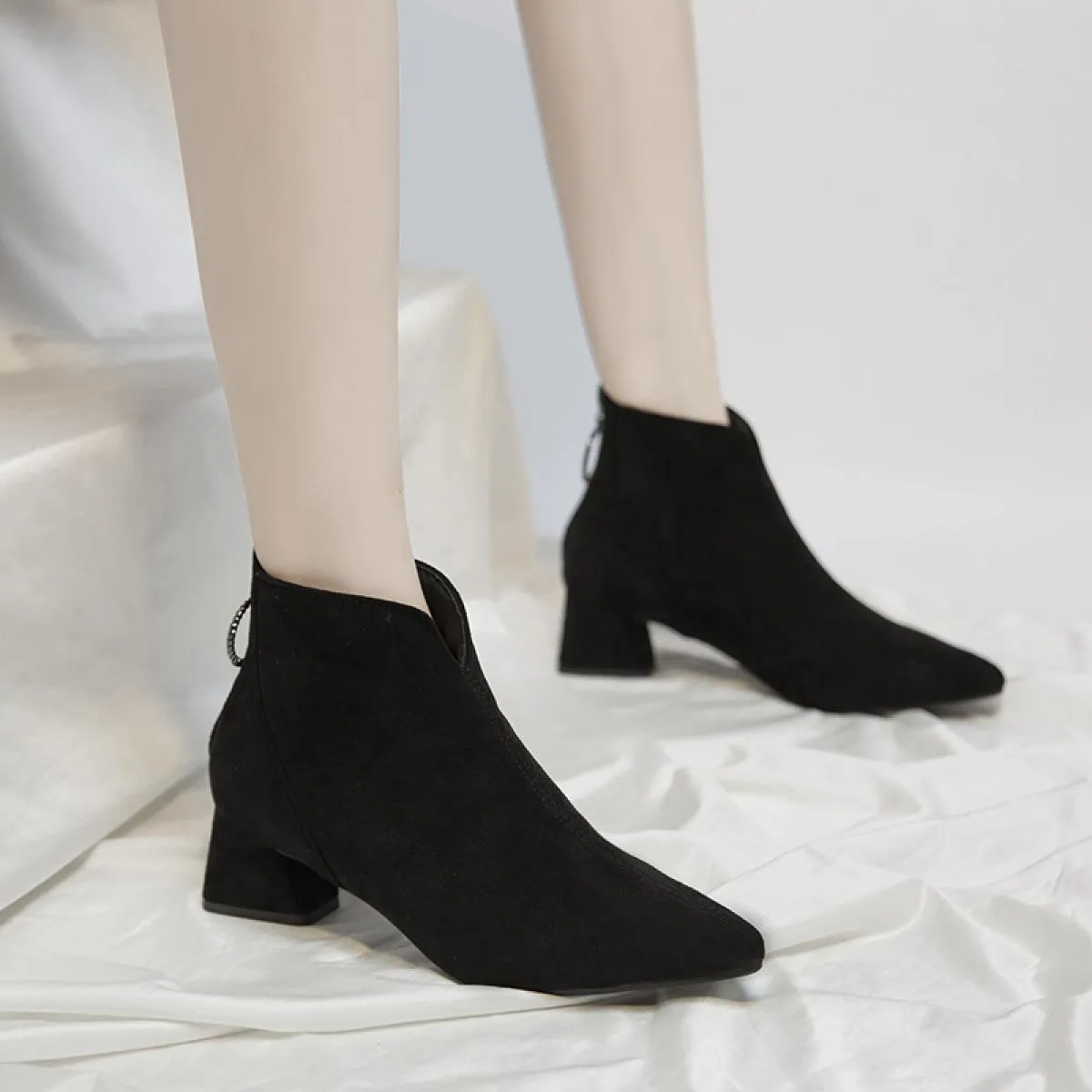 Stivaletti per donna Punta quadrata Scarpe moda Peluche Stivaletti invernali caldi Cerniera Tacco quadrato Scarpe comode da donn