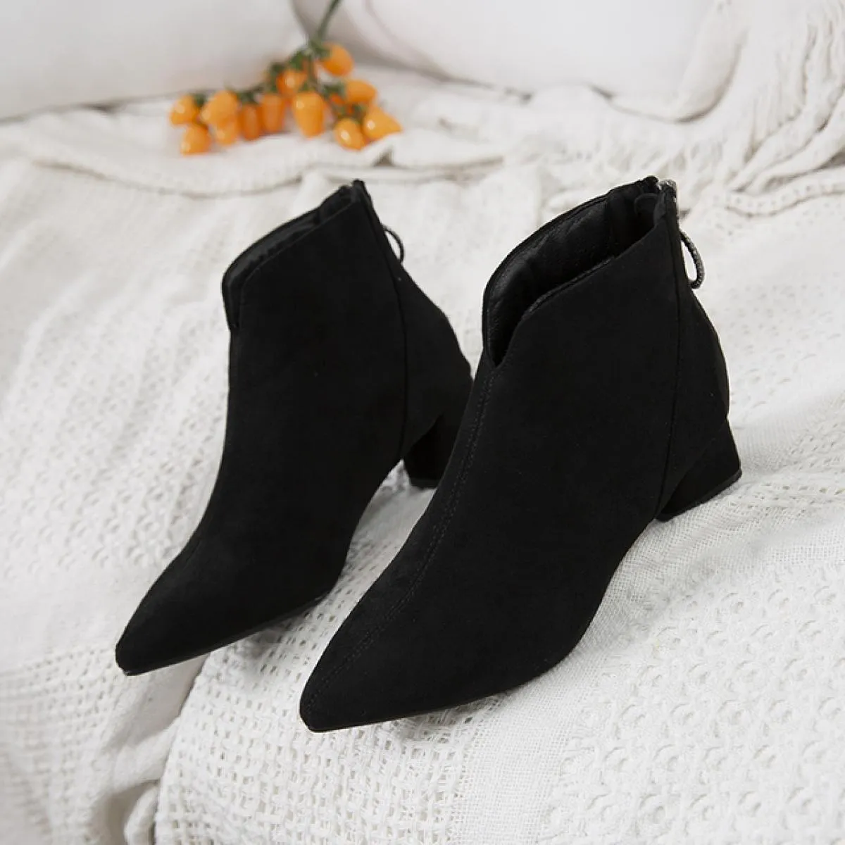 Stivaletti per donna Punta quadrata Scarpe moda Peluche Stivaletti invernali caldi Cerniera Tacco quadrato Scarpe comode da donn