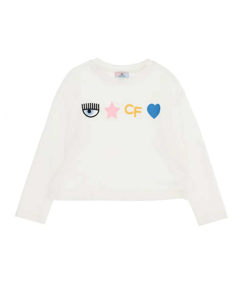 T-shirt bianca manica lunga con loghi ricamati sul fronte colorati 8-10 anni