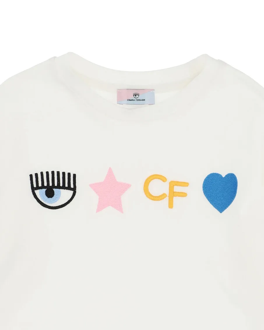 T-shirt bianca manica lunga con loghi ricamati sul fronte colorati 8-10 anni