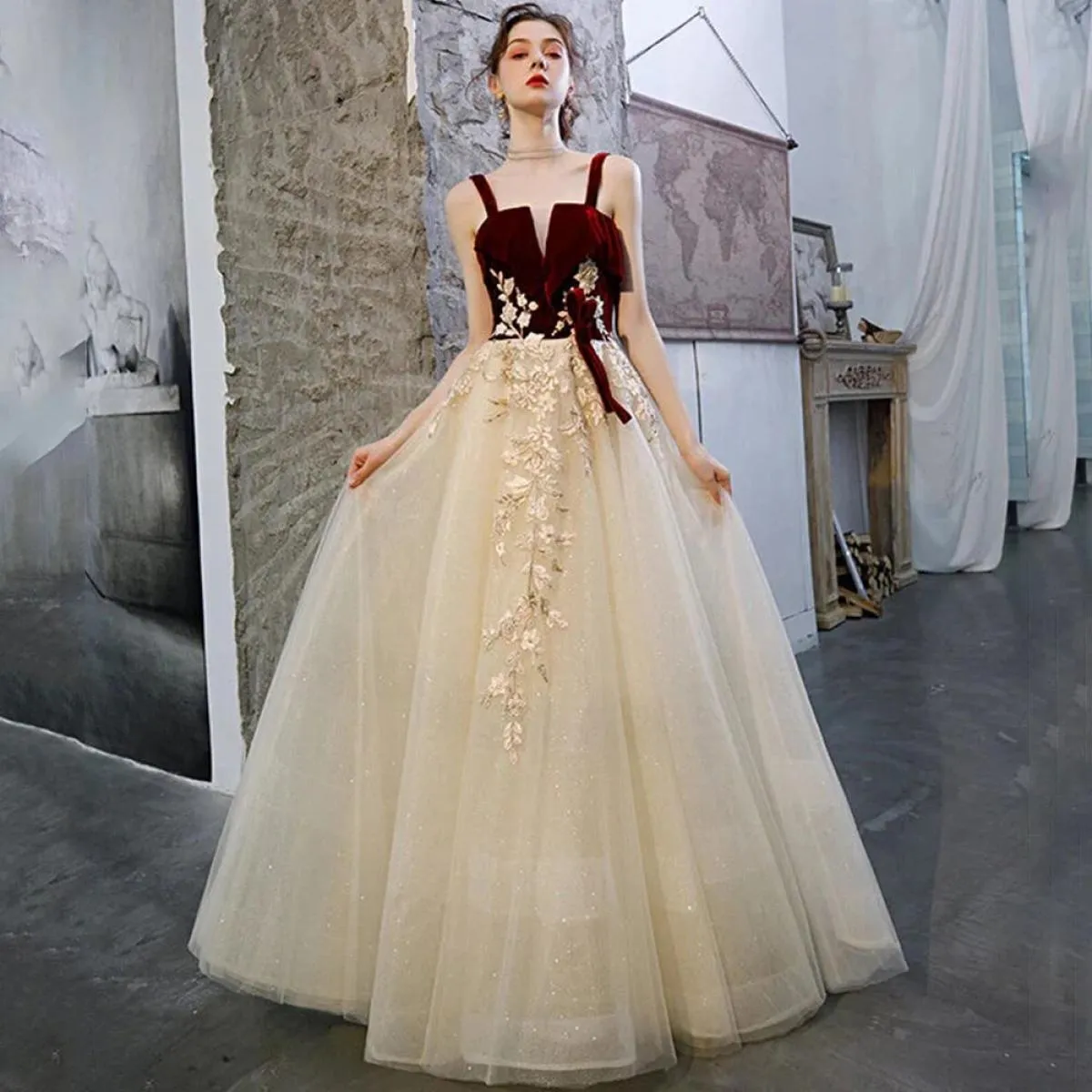 Weilinsha velluto e tulle abiti da ballo classico linea A lunghezza pavimento applique aperto sul retro abito da sera da festa d