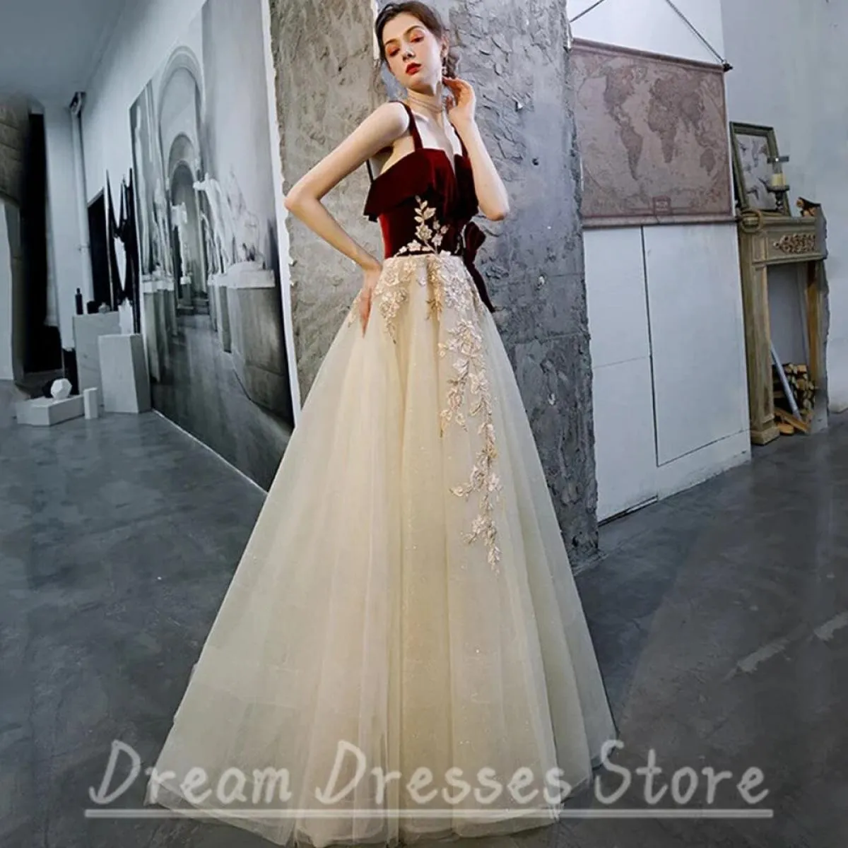 Weilinsha velluto e tulle abiti da ballo classico linea A lunghezza pavimento applique aperto sul retro abito da sera da festa d