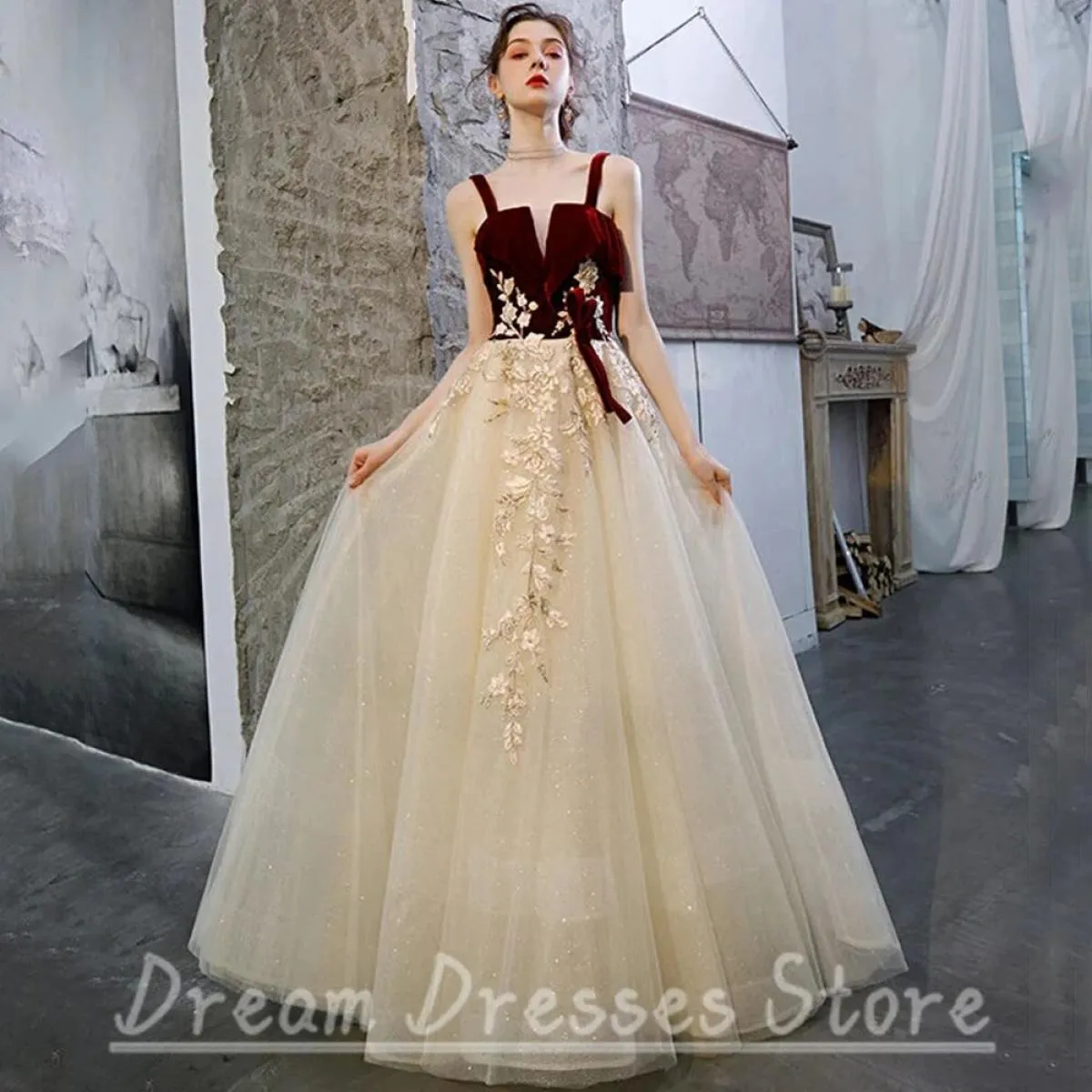 Weilinsha velluto e tulle abiti da ballo classico linea A lunghezza pavimento applique aperto sul retro abito da sera da festa d
