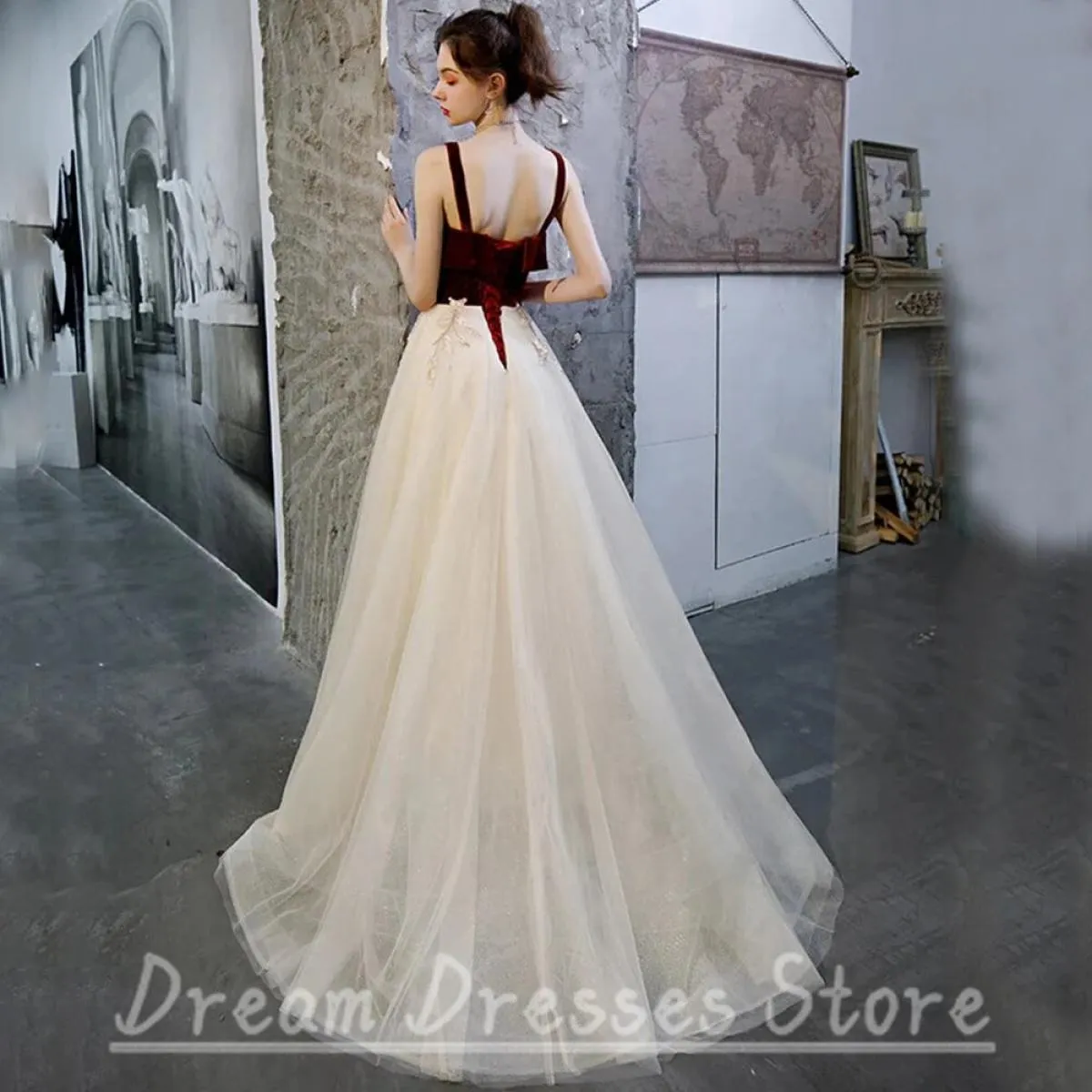 Weilinsha velluto e tulle abiti da ballo classico linea A lunghezza pavimento applique aperto sul retro abito da sera da festa d